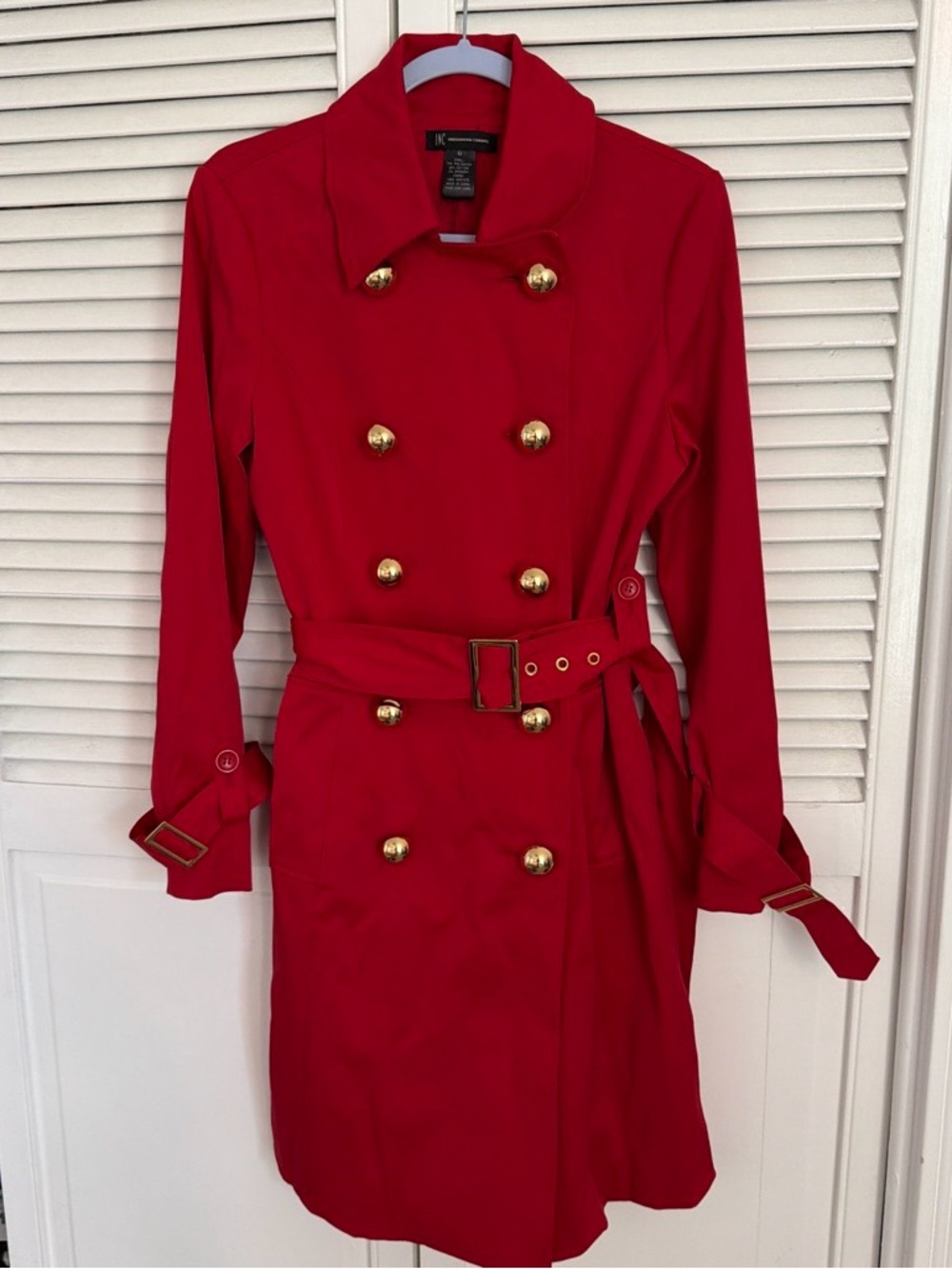 INC International Concepts Red Double-Breasted Trench Coat with Gold Buttons